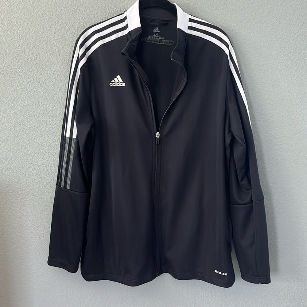 Adidas black jacket aeroready, zipped, 2XL, white stripes, G.O.A.T. on t…